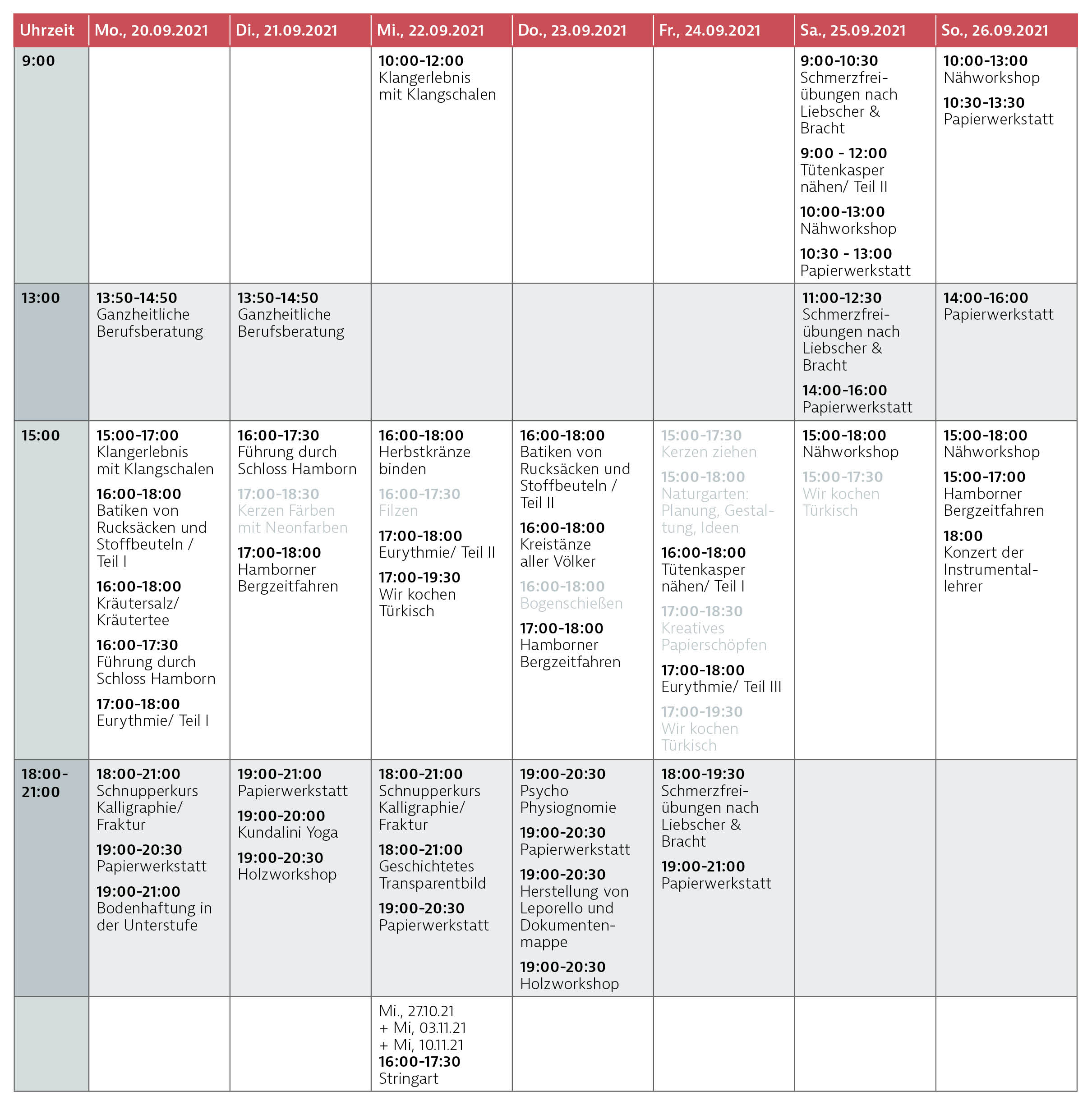 Zeitplan und freie Plätze (eingegraut = ausgebucht) Zeitplan und freie Plätze