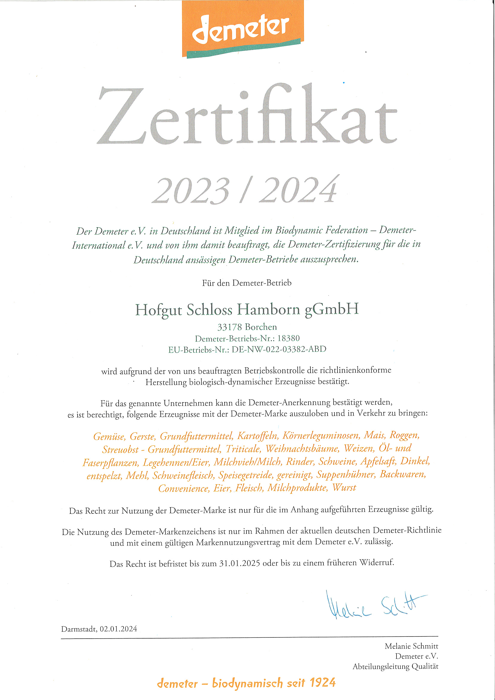 Demeter Zertifikat 2023 / 2024
