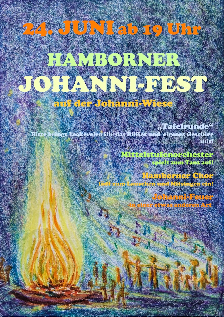 Gemaltes Veranstaltungsplakat für das Hamborner Johanni-Fest auf der Johanni-Wiese am 24. Juni ab 19 Uhr. Das Motiv zeigt ein großes, leuchtendes Lagerfeuer auf der linken Seite, von dem aus bunte Musiknoten wie ein Funkenflug zu einer Gruppe von Menschen aufsteigen, die sich im Kreis an den Händen halten. Der Hintergrund ist in atmosphärischen Blau- und Violetttönen gehalten.