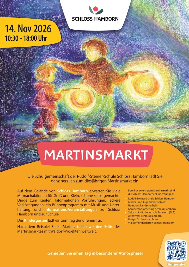 Plakat zum Martinsmarkt auf Schloss Hamborn am 14. November 2026 von 10:30 bis 18:00 Uhr. Eine Buntstiftzeichnung zeigt ein größeres und ein kleineres Kind, die gelb leuchtende Laternen halten. Der Text informiert über Mitmachaktionen, Stände, Musik, Verköstigung sowie den Tag der offenen Tür im Kindergarten.