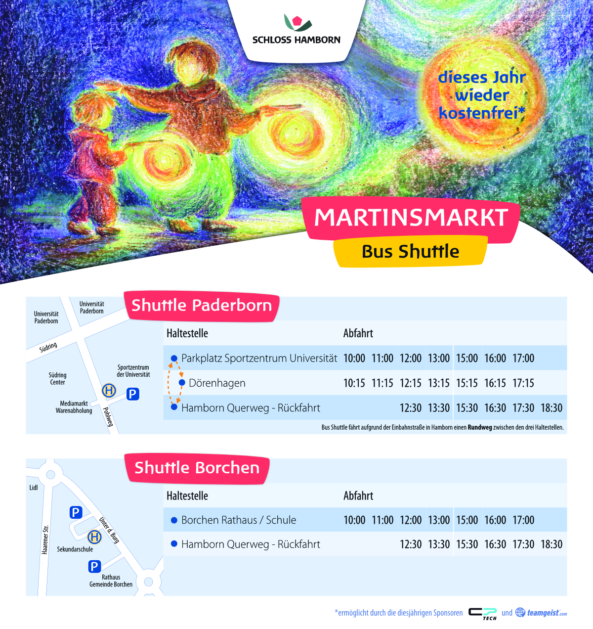 Infografik des kostenfreien Bus-Shuttles zum Martinsmarkt Schloss Hamborn mit Fahrplänen und Routen für die Shuttles ab Paderborn und Borchen.